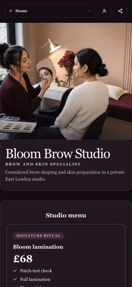 Bloom Brow Studio demonstration profile built with the current Shovva product
