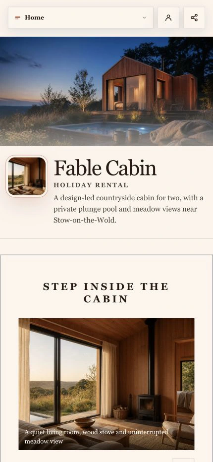 Fable Cabin demonstration profile built with the current Shovva product
