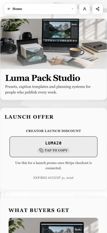 Luma Pack Studio demonstration profile built with the current Shovva product
