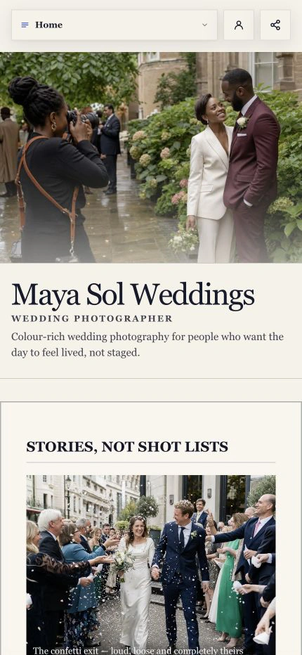 Maya Sol Weddings demonstration profile built with the current Shovva product