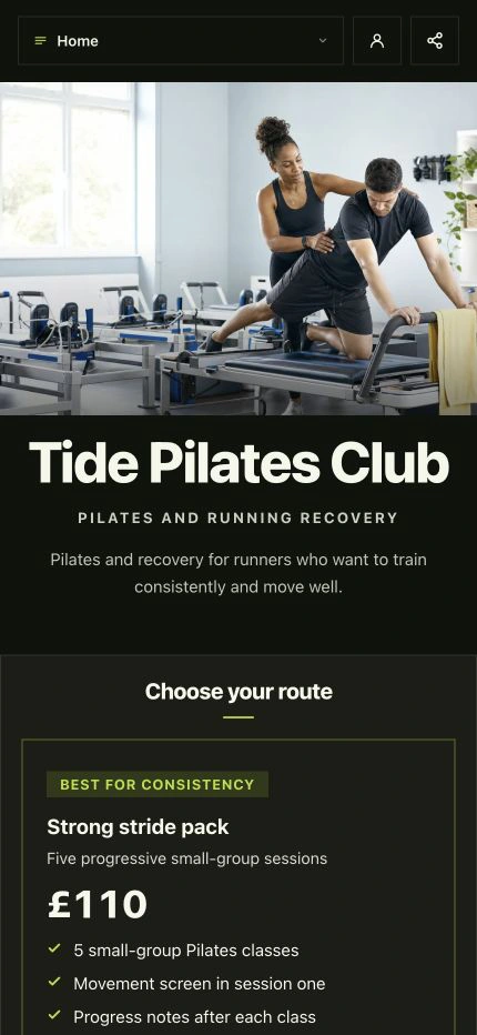 Tide Pilates Club demonstration profile built with the current Shovva product