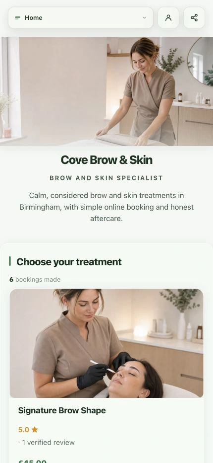 Cove Brow & Skin demonstration profile built with the current Shovva product
