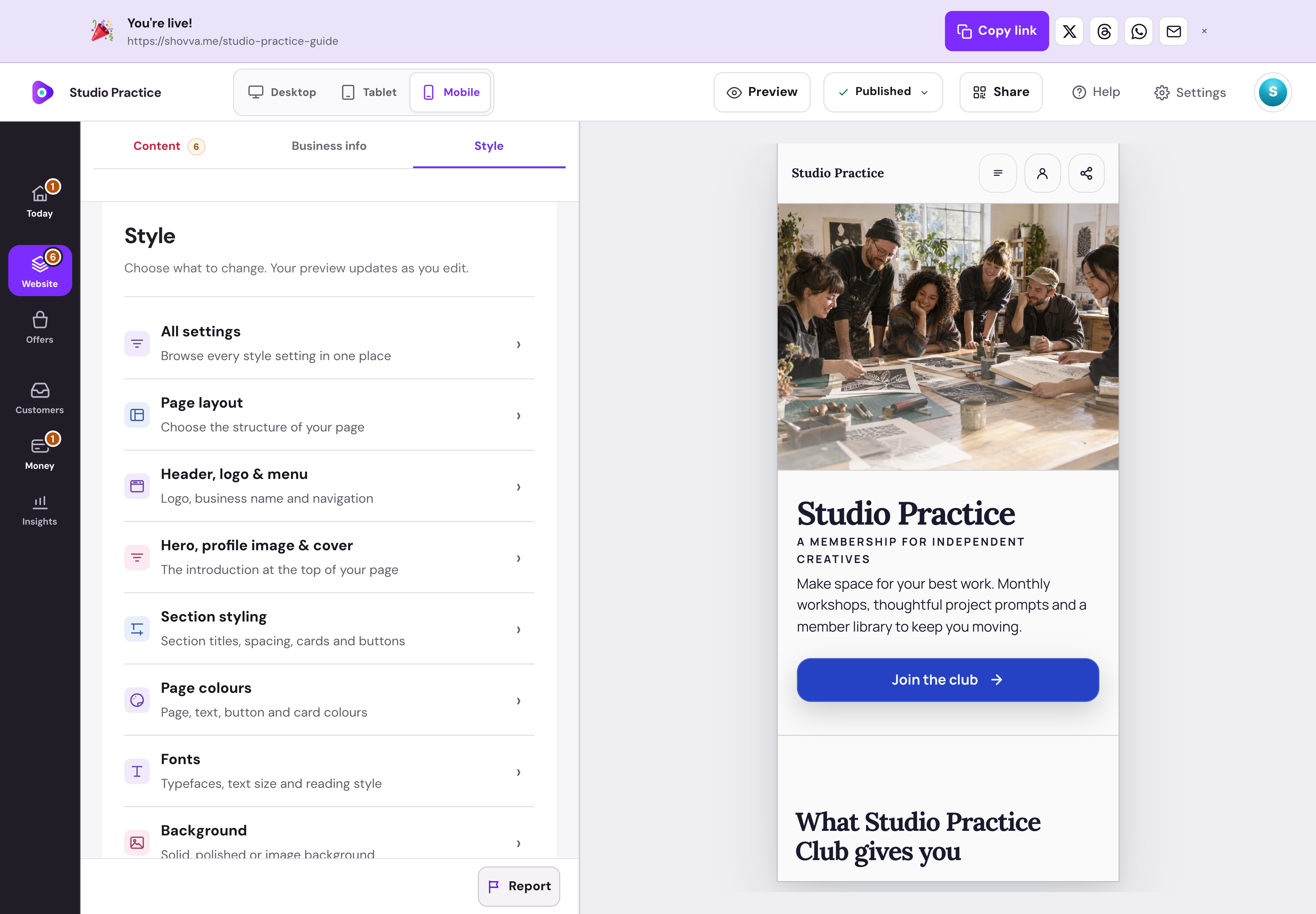 Shovva Style editor with a fully rendered Studio Practice profile — desktop