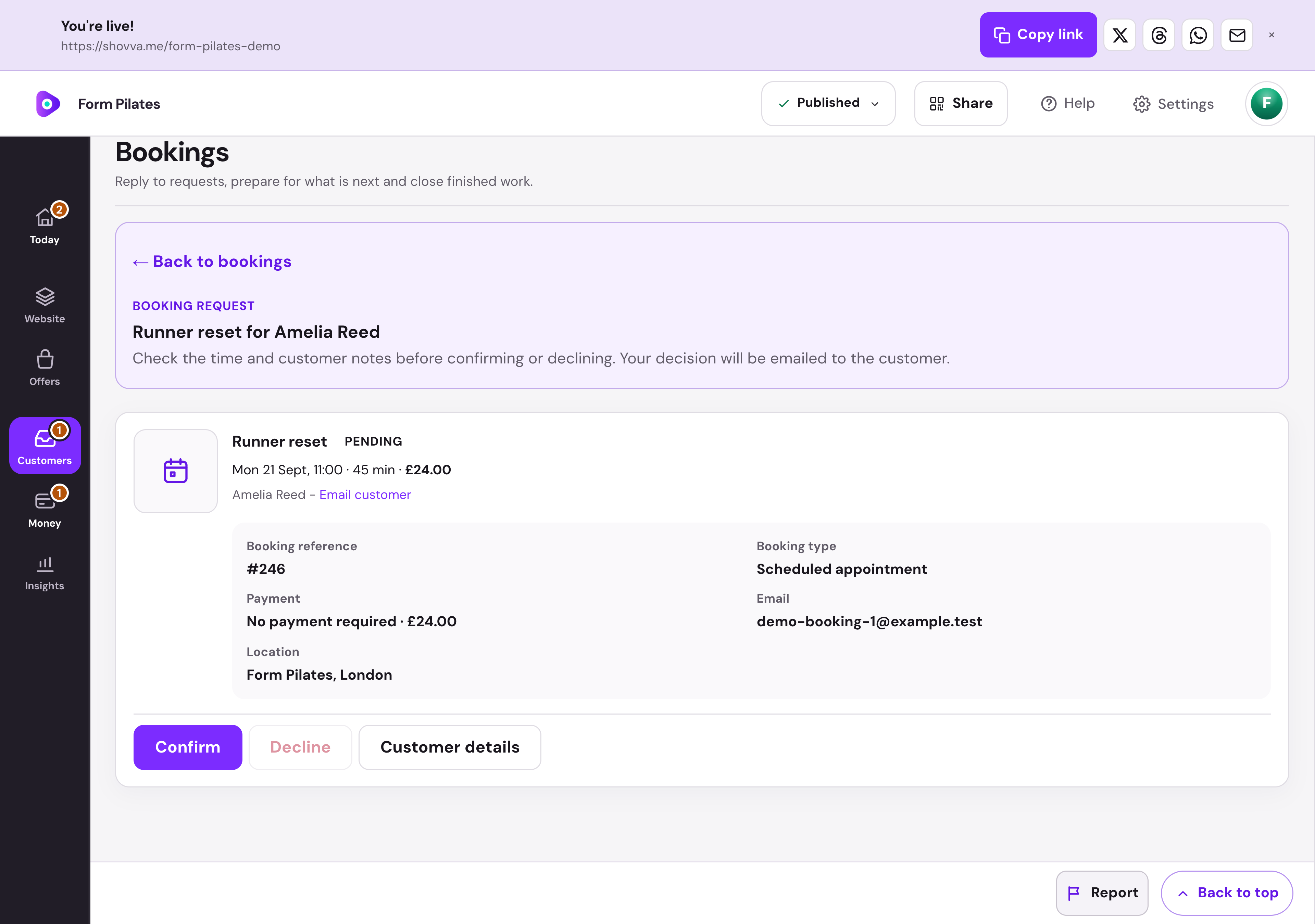 Actual Form Pilates booking and customer management — desktop