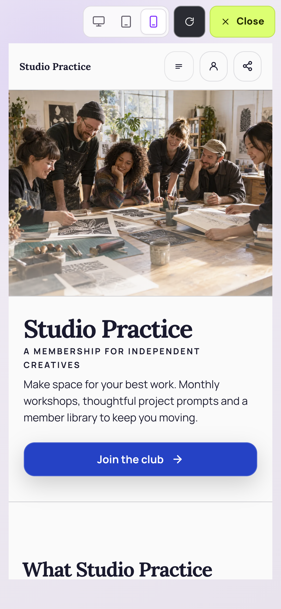 Shovva Style editor with a fully rendered Studio Practice profile — mobile