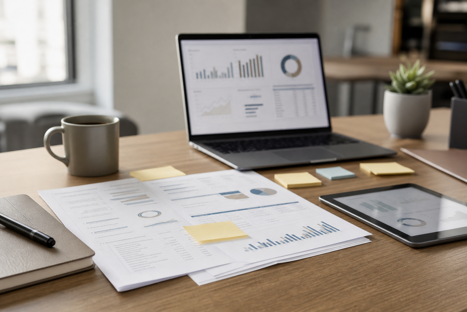A small-business planning workspace with a laptop, notes and printed charts