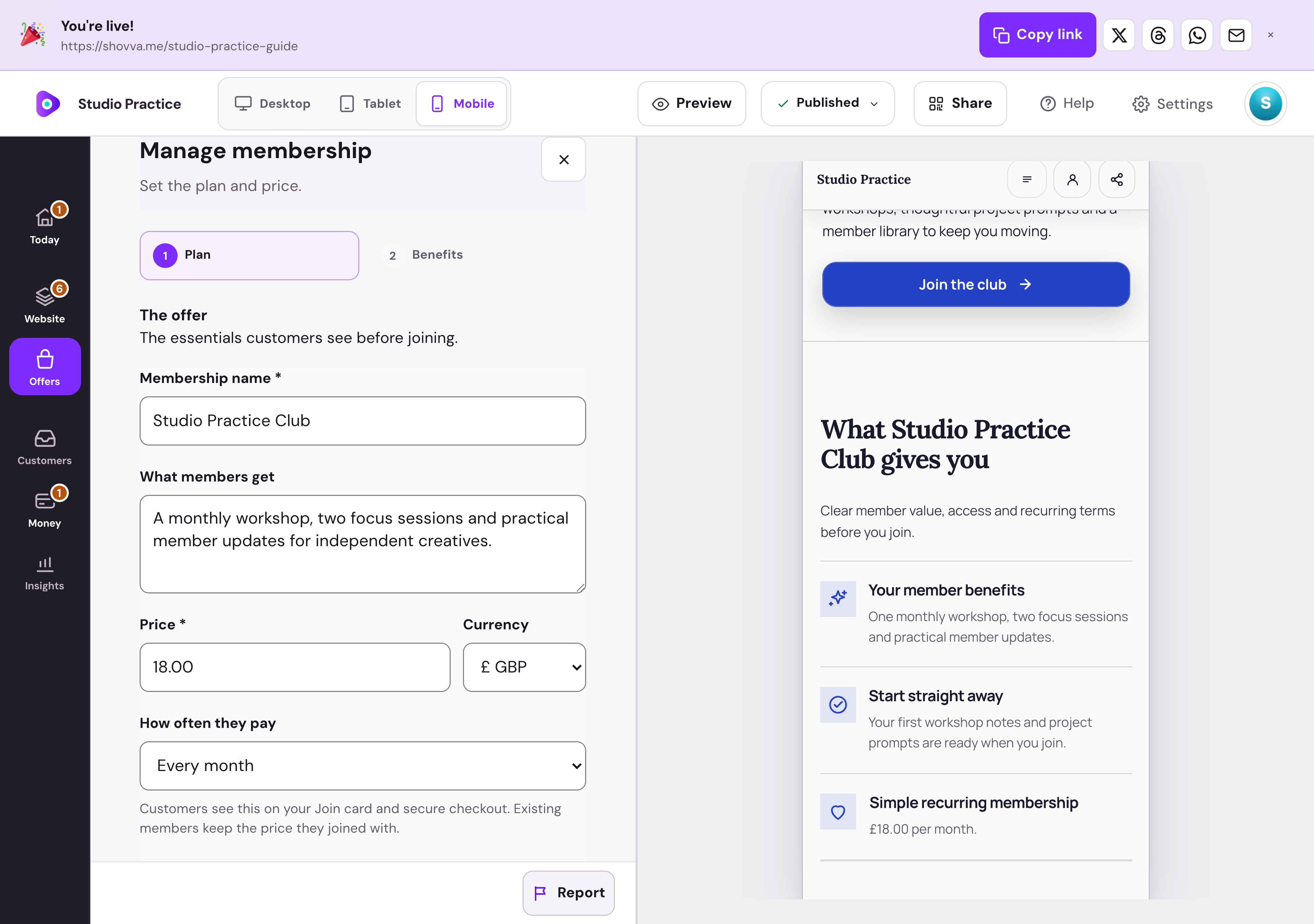 Actual Studio Practice membership offer editor — desktop
